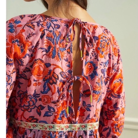 By Anthropologie Pink and Green Floral Tiered Mabel Dress Size Medium - Picture 3 of 12